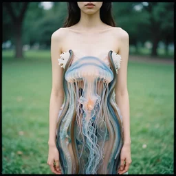 a closeup portrait of a woman wearing a dress made of jelly fish and eels, standing in an empty park, color photograph, by vincent desiderio, canon eos c 3 0 0, ƒ 1. 8, 3 5 mm, 8 k, medium - format print