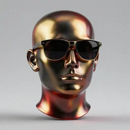 a head made out of melting metal, it is of black and golden and red color, it is wearing sunglasses and a hat, there are flowers all around it, blue paint melting, vogue cover style, greg rutkowski style, quetzalcoatl style