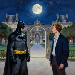 batman and sherlock holmes discover a portal to another universe within the luxembourg gardens in paris. a magical moon glows in the sky. oil painting in the style of thomas hart benton. cosmic vibes.