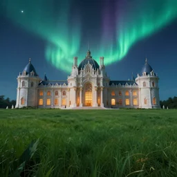 a gorgeous symmetrical paradise palace, starlit, grassland, fantasy, fairy tale, aurora, matte painting, artstation, octane render, caleb worcester, samuel beal. ultra clear detailed.