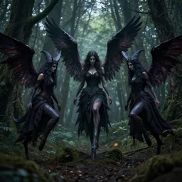 mystic witches with hooves and wings in the mystic forest, dark, high detailed