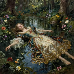 artistic painting, medieval princess, ophelia, wearing ornate gown, beautiful eyes and lips, drowned, floating flat on her back in a forest pond, flowers, wide angle, art by artgerm and wlop and brom, highly detailed, 8 k, cinematic, digital painting, sharp focus, illustration, masterpiece