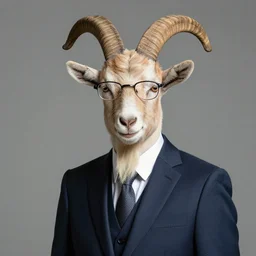 male goat portrait, gentleman's, wearing a suit, with glasses,