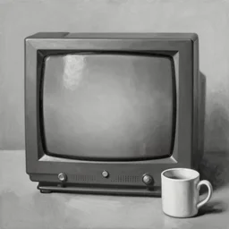 a grayscale oil painting of a crt television next to a mug