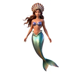 dashing mermaid with shell crown, detailed 3d character render, full body, standing, isolated on a pure white background, centered, whole figure in frame, sharp focus, studio lighting