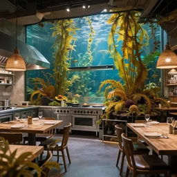 open plan restaurant where the kitchen is actually a vibrant kelp forest
