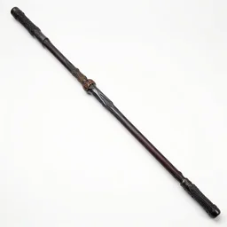 picture of a single long dark futuristic ninja staff with ornaments, carving, cyberpunk, sci - fi, fantasy, close shot, single long stick, white background