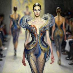 an intricate realistic oil painting of a fashion model resembling lily cole, wearing avant garde fashion, clothing by alexander mcqueen, clothing by iris van herpen, headspace, runway, fantasy art, by tom bagshaw, by karol bak, emil melmoth, by greg rutkowski, by mucha