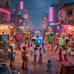 photo of robots in a bustling neon lit ajegunle slum in nigeria, unreal engine 3 d vfx render, photo by vivian maier, 2 d illustration by mike winkelmann, digital illustration, sharp, intricate detail, volumetric light, ray tracing, soft light, colourful, claymation, wide angle, acrylic, cinestill 8 0 0 t,