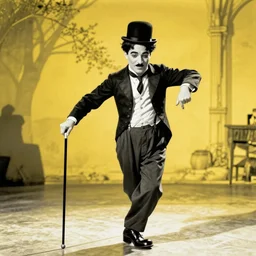 Charlie Chaplin dancing, with hat, cane, shoes, moustache, 1920s vibes, black and white silent movie style, yellow infrared