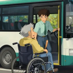 a wholesome animation key shot of a bus driver helping grandpa in the wheelchair enter the bus, medium shot, waist up, studio Ghibli, Pixar and Disney animation, sharp, Rendered in Unreal Engine 5, anime key art by Greg Rutkowski, Bloom, dramatic lighting