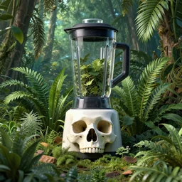 abstract overgrown plants skull from a blender render in a jungle, nature taking back, highly detailed, holography