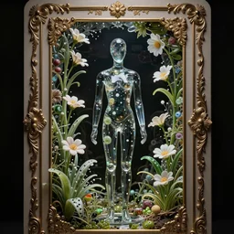 a mannequin sculpted out of glass, a portal to a new world with flowering polka dot plants, 8k, tarot card with ornate border frame, accurate, intricate, introspective, decorative, moody, dramatic, atmospheric, octane render, hypermaximalist, elegant, photorealistic, hyper detailed, volumetric lighting