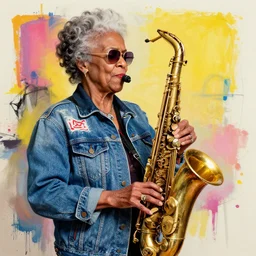 an old lady playing jazz, style jean - michel basquiat, highly detailed, colorfull