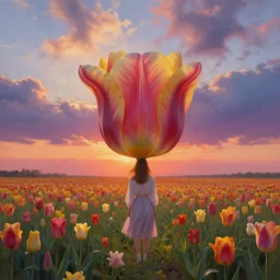 large tulip face, girl standing in a flower field, surreal photography, sunrise dramatic light, impressionist painting, colorful clouds, digital painting, artstation, simon stalenhag