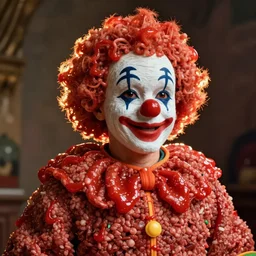 a human sized clown made out of ground minced meat and ketchup