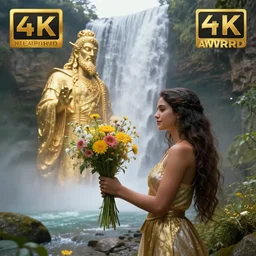 a girl offers a bouquet of flowers to the ancient god of salt, gold and myrrh in a natural landscape with a huge waterfall behind. fantasy art, photo realistic, dynamic lighting, artstation, poster, volumetric lighting, very detailed faces, 4 k, award winning, blender
