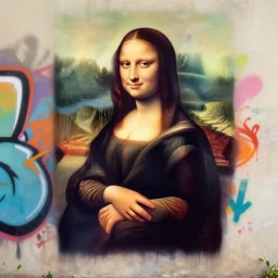 mona lisa in the style of 3 d graffiti, in the style of daim and peeta, arrows, paint drips, extreme wide angle, gradients, depth, shadows, volumetric light, full mural, octane render 3 d, 4 k, highly detailed