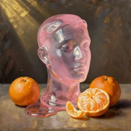 still life painting of a melting pink glass mannequin head, peeled oranges, by pieter claesz, oil on canvas, strong lighting, highly detailed, hyper realism, golden hour, god rays, hd, 4 k