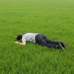 A man in the fetal position in a vast field, digital art