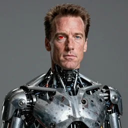 arnold schwarzenegger as a damaged t - 1 0 0 terminator, one red robotic eye, photo