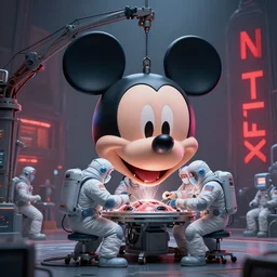 graphic art of dystopian futuristic 1 0 mechanic surgeons in space suits, operate on a huge mickeymouse!! severedhead!!!! held by a crane. ominous glowing red netflix!!! sign in the background, trending on art station, beeple!!, clean concept art, smooth, octane render