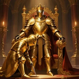 a tall and powerful royal knight in golden armor bowing to his king in a throne room, digital art, harsh lighting