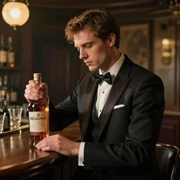 man in suit entering bar with bottle of Whisky