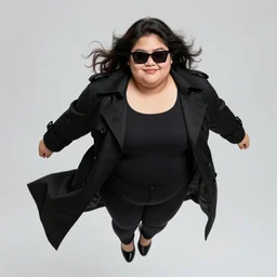 thick chubby filipina amihan superhero, long black trench coat, sunglasses, sly grin, fully clothed, exaggerated perspective, flying toward camera, beautiful detailed face, bright blue hair, action pose, comic book style, highly detailed, dynamic shadows, dynamic lighting, geoff johns, jason fabok, jason fabok, brad anderson, splash art