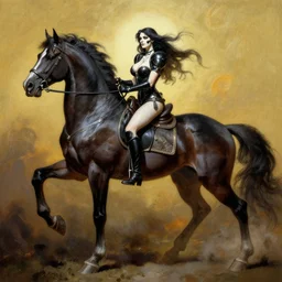 female death dealer on a massive horse, full body, by frank frazetta