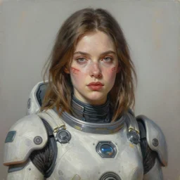 portrait of very beautiful woman with a large obvious scar across her cheek and lips, very very beautiful, wearing futurist spacesuit space armor, Alexandria's genesis, chin-length hair, bored, illustration, soft lighting, soft details, hyper realism, high detailed, painting oil on canvas by mark arian by artgerm, trending on artstation, 4k, 8k, HD