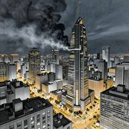 A full-color airbrushed, ultra-detailed, hyperrealistic, photorealistic, mixed media, fineliner illustration of futuristic city at night with polluter air and art nouveau architecture, by P. Craig Russell , Moebius and Bill Sienkiewicz, trending on netfkix, trending on artstation