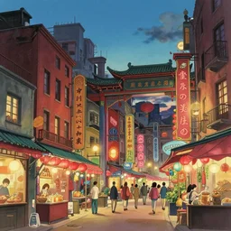 old chinatown, colorful marketplace, urban landscape, evening, highly detailed, low angle view, studio ghibli, artstation