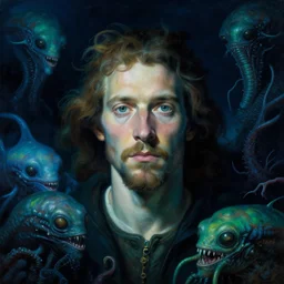 an underwater close - up renaissance portrait of a man surrounded by alien sea monsters. deep blue and green tones. night time. gloomy dark black background. highly detailed fantasy science fiction portrait painting by norman rockwell, moebius, frank frazetta, and syd mead. rich colors, high contrast. artstation