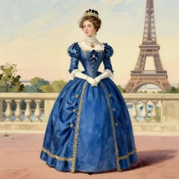 1 9 th century queen dessed in a [ [ [ | paris blue | colored ] ] ] dress, illustration by ritkowski