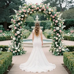 analog photograph of beautiful bride from the back wearing a long flowing trumpet style wedding dress in stunning garden on a stone pathway with a flower archway and a pristine fountain at midday by mark owen. rule of thirds. pastel colours. hessian. bokeh. cinematic. hq. detailed. contrast. cinestill 8 0 0 t