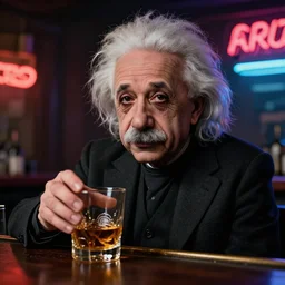 dreary albert einstein drinking whiskey in bar, neon light, portrait, realistic, detailed