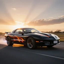 black pontiac firebird trans - am with flames graphics on the chassis, sunrise, cinematic, motionblur, sunbeams, volumetric lighting, wide shot, low angle, lightning striking the car