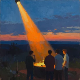 an expressive oil painting of a gorgeous dim blue sunset with bright orange light from a spotlight on people