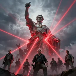 cinematic shot epic portrait an giant statue being destroyed by big red laser beams in the sky, cloudy, glowing, stormy, broad light, ambient occlusion, volumetric light effect, made by ivan aivazovsky, peter mohrbacher, greg rutkowski, ross tran, steven belledin, thomas kinkade, matte painting, trending on artstation, 4 k, perfectly defined features, digital painting, cinematic, epic, highly detailed,