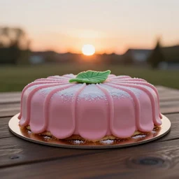 A photo of a swedish princess cake from the side on a wooden table, covered with pink marzipan, some powder sugar and a green marzipan leaf in the center. Sunset. 4K. Cinematic lighting. Low detail. Realistic. Delicious.