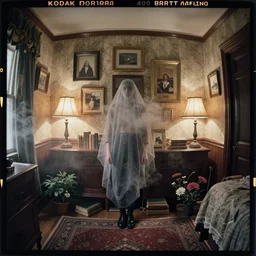 kodak portra 4 0 0, wetplate, fisheye, award - winning portrait by britt marling, 1 8 8 0 s bedroom, ghost, picture frames, shining lamps, dust, smoke, 1 8 8 0 s furniture, wallpaper, carpet, books, muted colours, wood, fog, plants, flowers