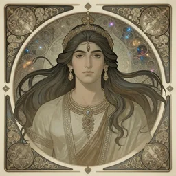 mughal king of mysore, symmetrical face, symmetrical body, artgerm, flowing hair, portrait, muted colors, artstation, character concept art, border and embellishments inspiried by alphonse mucha, fractals in the background, galaxy