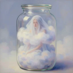 a woman shrouded in clouds inside a jar. beautiful dreamy pastel painting by artgerm and greg rutkowski and alphonse mucha