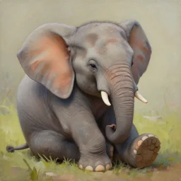 a painting of a mini elephant resting on one hand, artstation
