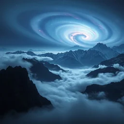 a beautiful digital render of a swiss landscape with mountains blending into clouds spiraling into a nebula, fog, dark, volumetric lighting, tall mountains in the background, starry night, very detailed, cirrus, ( ( ( magenta accents ) ) ), washed out colors, intricate detail, ultrarealistic, master level composition, raytracing effects