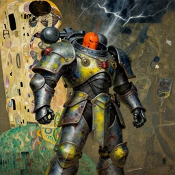 composition of gothic and futuristic, warhammer, cyber japan armor, more and more scars, thunderstorm, orange head, some yellow green and blue, the middle ages, highly detailed, artstation, in the style of moebius, jugendstil and classic japanese print, art by max ernst and gustav klimt, compositon by jean delville