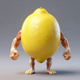 a lemon with arms and legs with muscles, photorealistic, digital art,