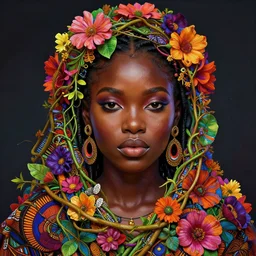 colourful vfx art - portrait of nigerian girl wrapped in flowers & vines, art by hsiao - ron cheng & james jean, volumetric light, ray tracing, sharp, detailed, digital painting, illustration, highly detailed, intricate detail, unreal engine, octane render, pinterest, behance, art station,