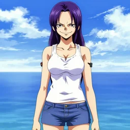 style of madhouse studio anime, rei hiroe black lagoon manga, loish, artgerm, joshua middleton comic art, portrait of revy from black lagoon, symmetrical eyes and symmetrical face, jean shorts, white tank top, purple hair, sarcastic evil smirk on face, sky and ocean background